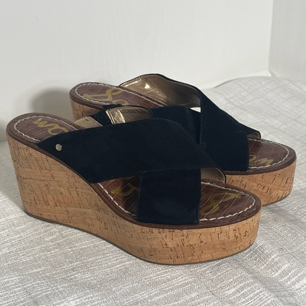 Sam Edelman Darlene Slip On Sandles Cork Look Platform Black Suede Upper Sz 9 - Picture 3 of 16